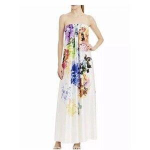 Nicole Miller Floral Silk Strapless Maxi Dress Size 8 White Flowers Easter Prom